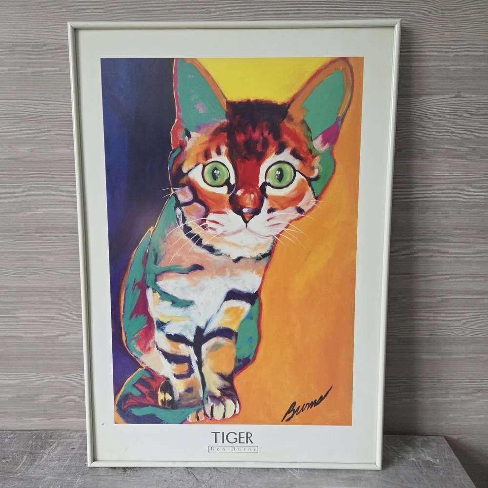 Ron Burns Pop Art Print Tiger Cat Framed 24x17 Colorful Kitty Woven Wire Back